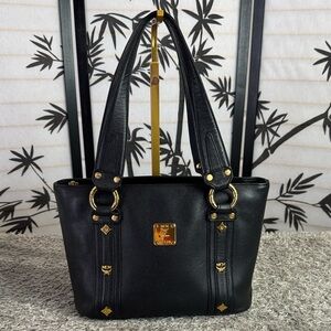 MCM Black Leather Munchen Studded Satchel Tote Bag